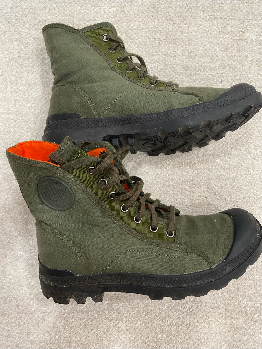 Palladium Olive Green Canvas High-Top Boots with Orange Lining